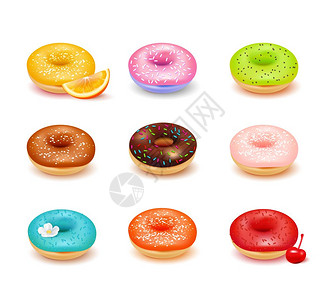 风味餐甜甜圈分类套甜彩色甜甜圈与各种浇头新鲜水果分类白色背景现实矢量插图插画
