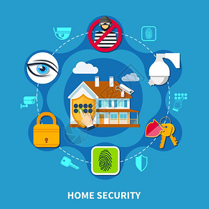 家庭安全家庭安全与保护符号蓝色背景平矢量插图图片