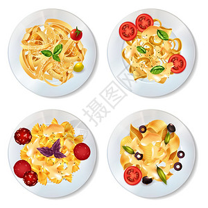 开销意大利条意大利食套餐美味的意大利菜肴与酱汁,意大利香肠,西红柿,橄榄草药,现实白色背景矢量插图上插画