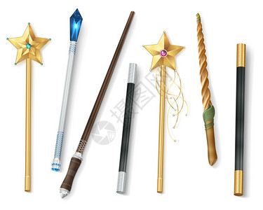 必需的魔杖现实收集各种形状的魔杖与星星珠宝现实矢量插图插画