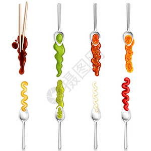 调料蘸酱筷子酱汁与勺子美食收藏五颜六色的美食收集图标,描绘同的酱汁与勺子筷子现实风格的矢量插图插画