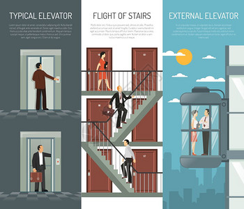 消防通道门电梯扶梯楼梯垂直横幅套三个自动扶梯楼梯垂直横幅典型的电梯飞行楼梯外部电梯描述矢量插图插画