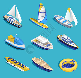 船舶发动机海上活动海洋活动等距蓝色背景孤立矢量插图上插画