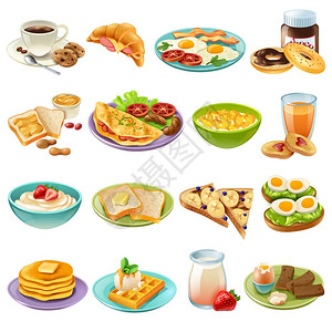 烤牛奶早餐早午餐菜单食物图标早餐早午餐健康开始日选项食品现实图标收集与咖啡煎蛋孤立矢量插图插画