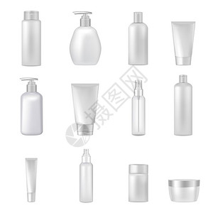 市场管销化妆品瓶管空透明套空的透明化妆品瓶,罐子管,喷雾分配器,用于美容保健品,逼真的图像收集矢量插图插画