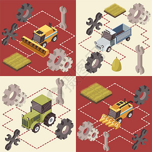 农用车辆等距农用车辆等距与拖拉机卡车备件工作工具领域矢量插图背景图片
