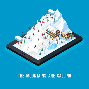滑雪线度假村的滑雪胜地等距成与雪山风景与索道顶部的平板屏幕矢量插图图片