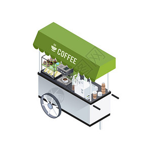 咖啡车等距成移动咖啡亭成与等距图像的咖啡车与咖啡机三明治甜甜甜圈矢量插图插画