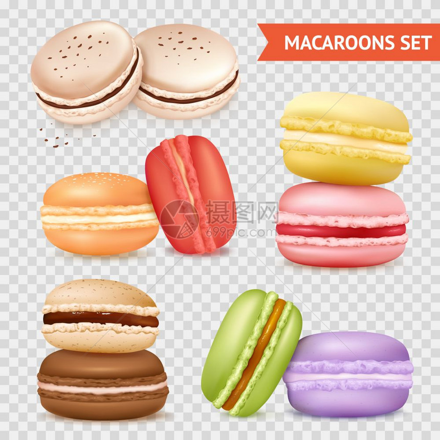 杏仁饼干透明套装马卡龙图像透明的背景上,两同颜色矢量插图的杏仁蛋糕图片
