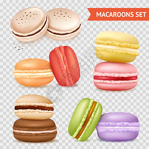 巧克力麦芬杏仁饼干透明套装马卡龙图像透明的背景上,两同颜色矢量插图的杏仁蛋糕插画