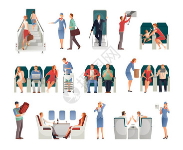 坐飞机的人坐飞机上的人,包括飞行员空姐座位上的乘客,者用手提行李隔离矢量插图插画