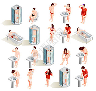男女浴室上午卫生人物收集卫生图标等距收集男女人物上午浴室程序矢量插图插画