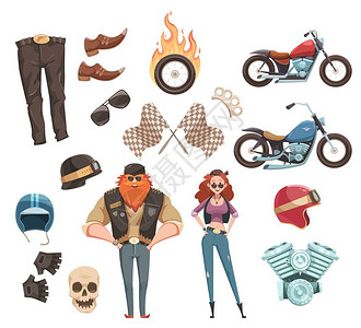 佩戴头盔摩托车骑手元素收集复古卡通骑手套骑自行车者佩戴配件跑车摩托车两个平涂鸦人的人物矢量插图插画