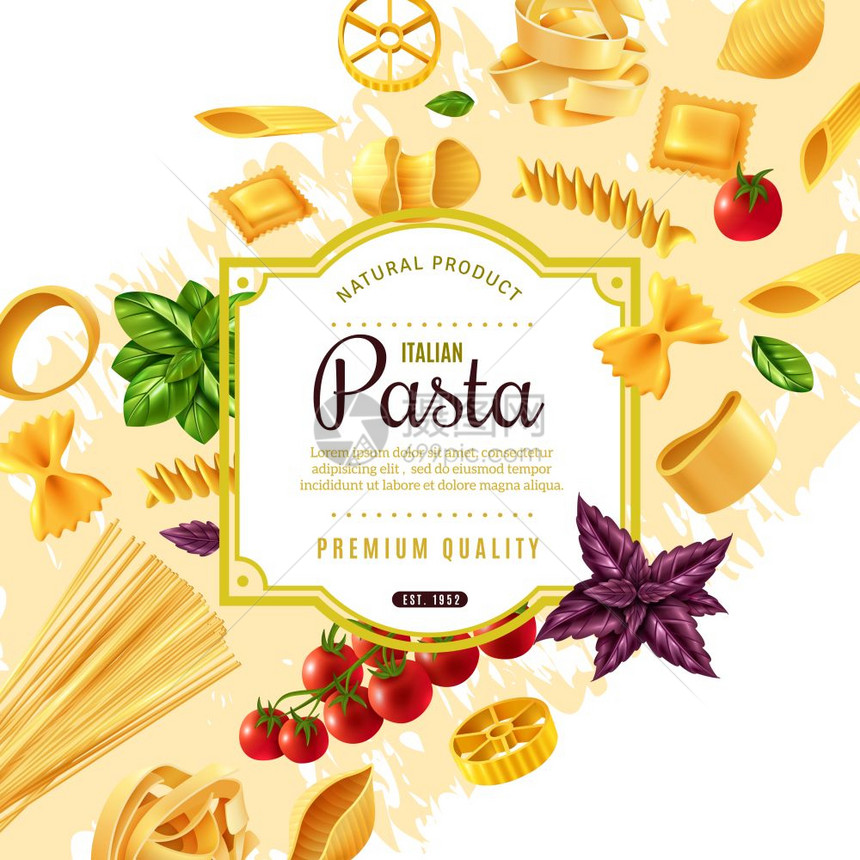 意大利装饰框架意大利装饰框架与意大利传统食品,西红柿罗勒叶米黄色背景三维矢量插图图片