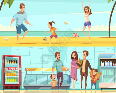 家庭水平卡通横幅家庭两个水平横幅,成人儿童商店内部购买,并休息海边平卡通矢量插图背景图片