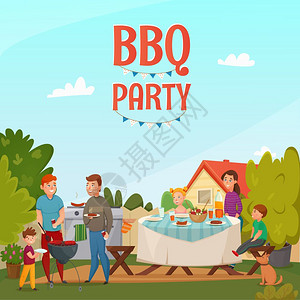 烧烤派海报彩色卡通烧烤派海报与家人后院的房子矢量插图图片