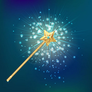魔杖现实背景金色魔法棒装饰星星夜空明亮的耀斑背景现实矢量插图插画