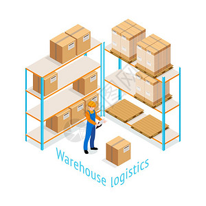 仓库物流等距仓库物流等距与工人库存的货物储存货架上的三维矢量插图图片