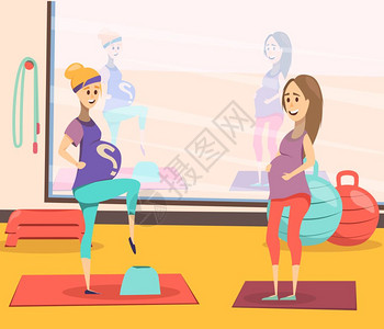 两个孕妇平坦的怀孕背景平彩色妊娠背景与两名孕妇训练瑜伽课矢量插图插画
