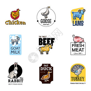 食品标识套食品标识与羊奶家禽牛肉,猪肉,羊肉兔子分离矢量插图图片