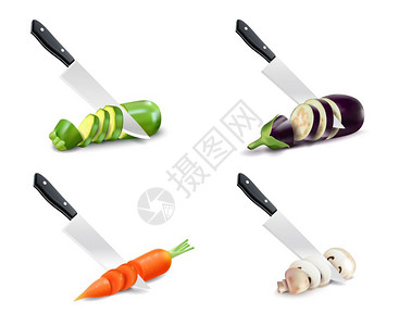 刀切片菜刀蔬菜3D套装菜刀蔬菜成,包括胡萝卜西葫芦茄子三维孤立矢量插图插画