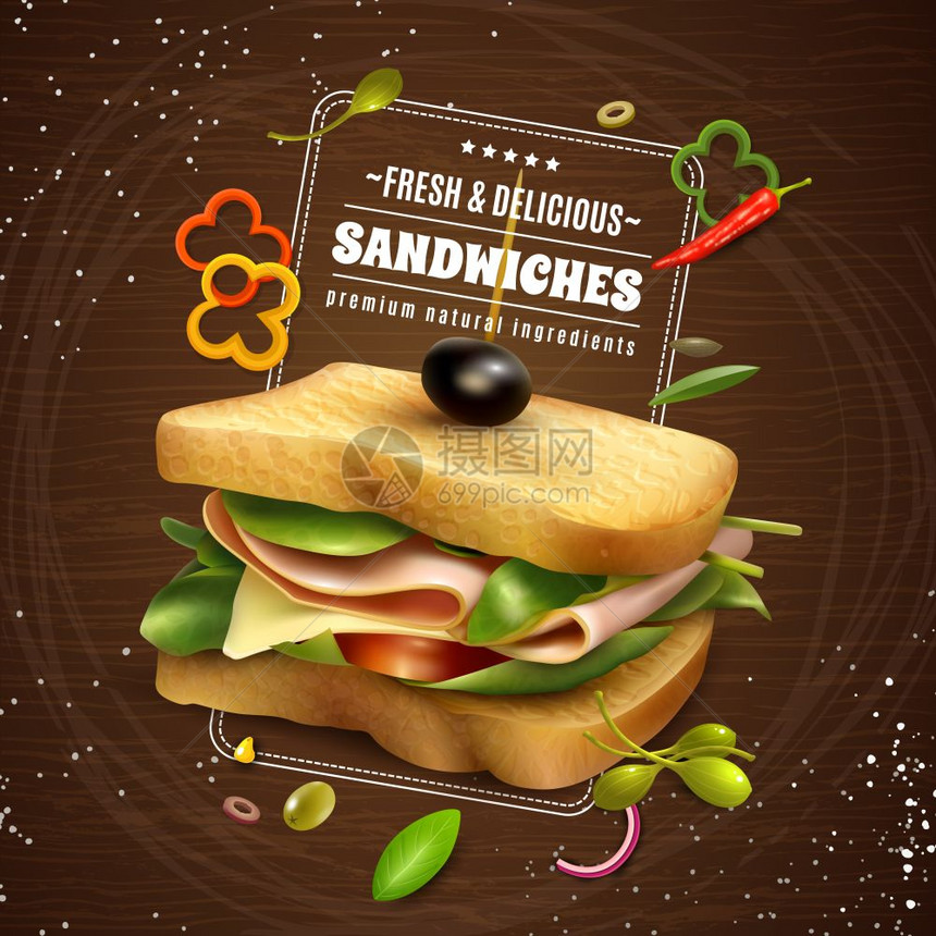 新鲜三明治木制背景广告海报美味的三明治与火腿奶酪,新鲜辣椒,番茄,洋葱橄榄,现实的木制背景广告海报矢量插图图片