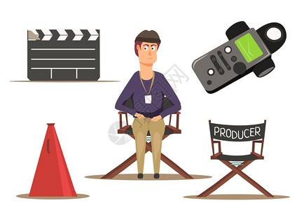电影制作电影制作平与制片人各种设备隔离白色背景矢量插图图片