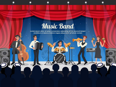 卡通音乐家插图卡通彩色音乐家插图与音乐乐队表演舞台前的人群矢量插图图片