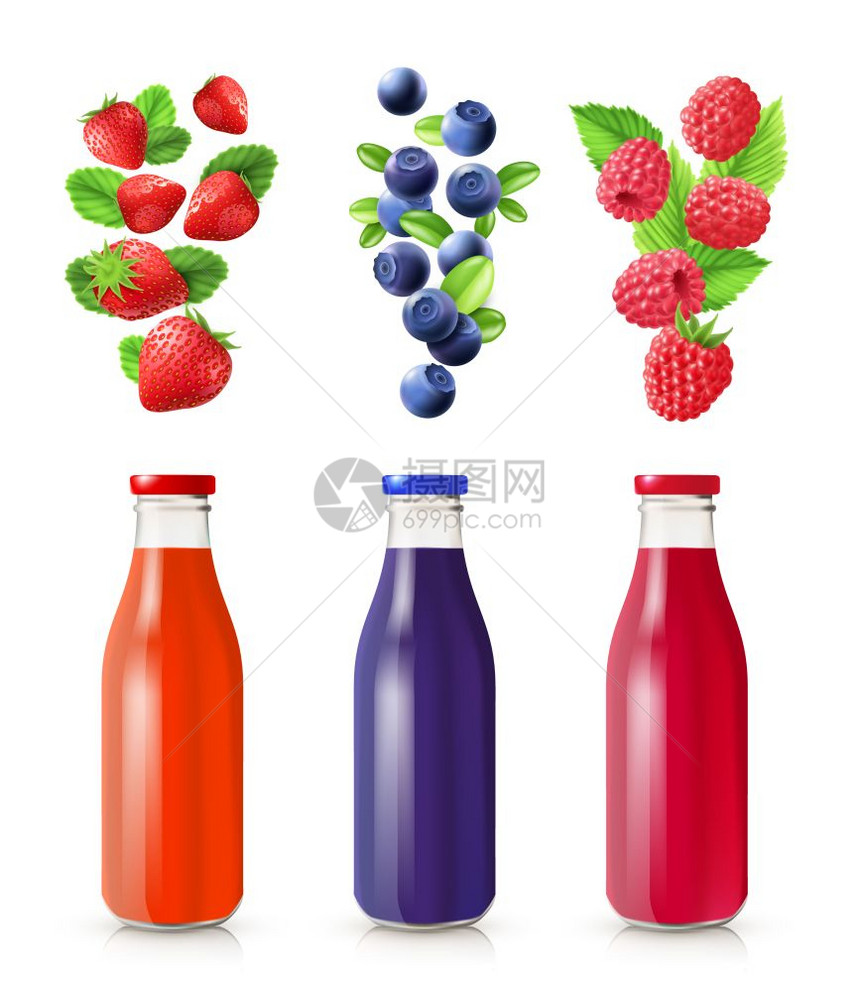 浆果汁写实套装浆果果汁现实与瓶子浆果分离矢量插图图片