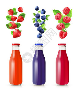 牛奶草莓汁浆果汁写实套装浆果果汁现实与瓶子浆果分离矢量插图插画