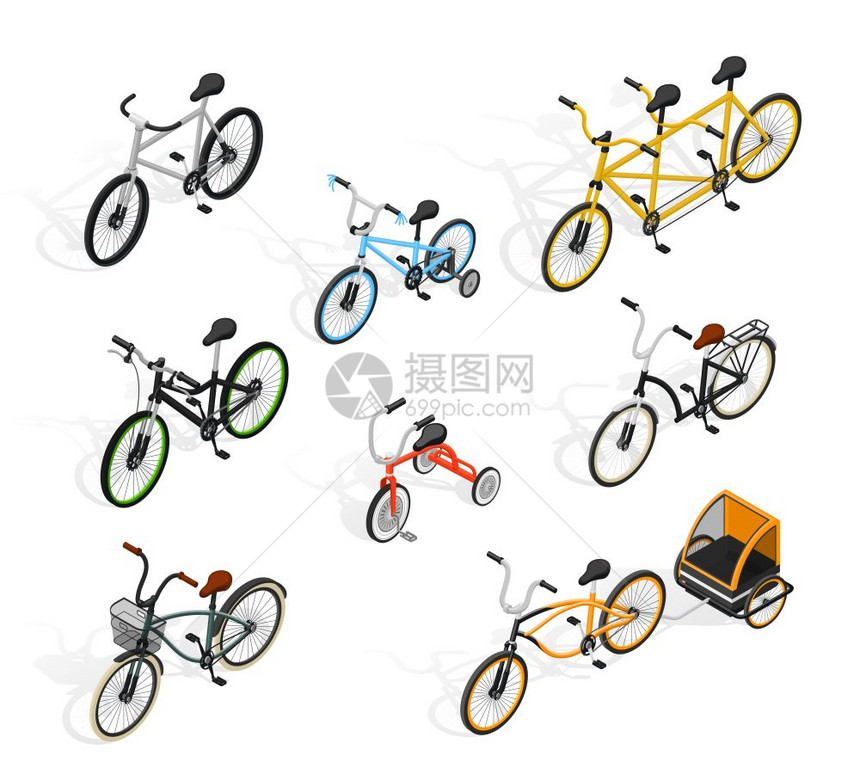 推送循环等距集自行车等距集成人儿童自行车图像与串联循环Burley幼崽矢量插图图片