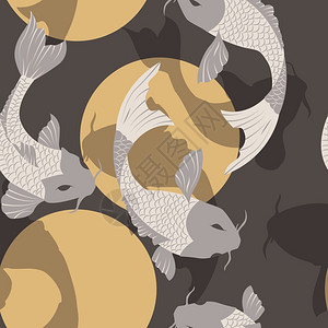 鲤鱼锦鲤鱼太阳的无缝图案,日本艺术,矢量插图图片