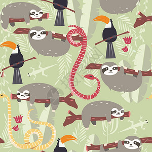 无缝图案与可爱的雨林动物,巨嘴鸟,蛇,树懒,矢量插图背景图片