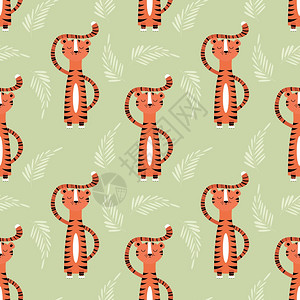 无缝图案与可爱的丛林橙色老虎,矢量插图背景图片
