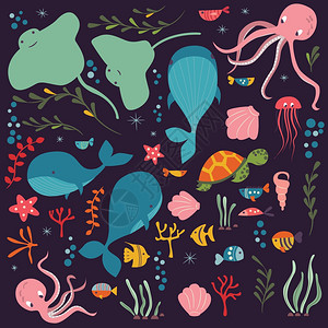 黄尾鱼收集五颜六色的海洋动物,鲸鱼,章鱼,黄貂鱼,水母,海龟,珊瑚,矢量插图插画