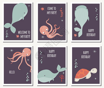 套六张卡片,水下动物生日信息,鲸鱼,章鱼,海龟,彩色矢量插图图片