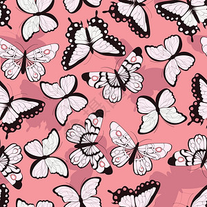 蝴蝶粉红色无缝矢量图案与手绘彩,粉红色背景,矢量插图插画