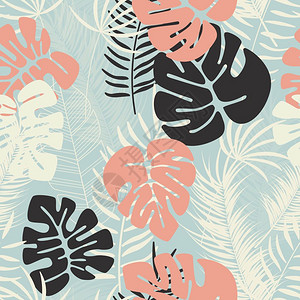 夏季无缝热带图案与彩色怪物棕榈叶植物蓝色背景,矢量插图图片