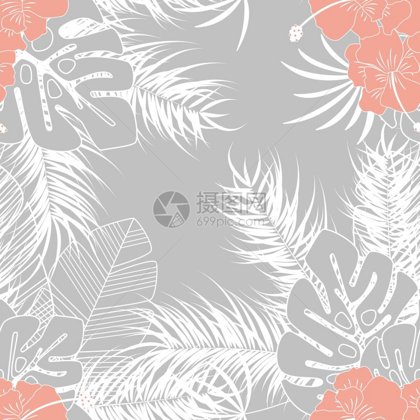 夏季无缝热带模式与怪物棕榈叶植物灰色背景,矢量插图图片