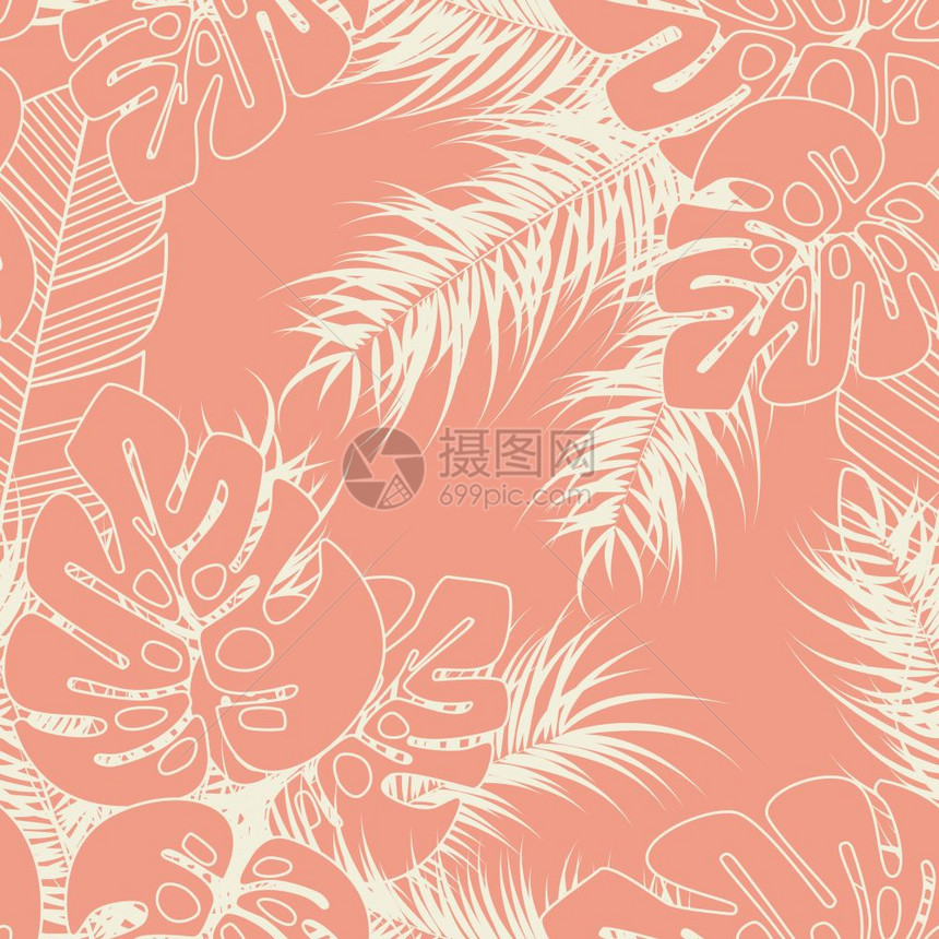 夏季无缝热带模式与怪物棕榈叶植物的粉红色背景,矢量插图图片