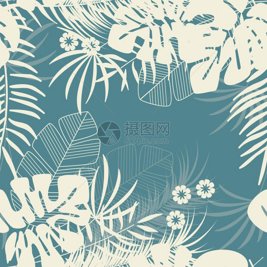 夏季无缝热带模式与怪物棕榈叶植物蓝色背景,矢量插图图片