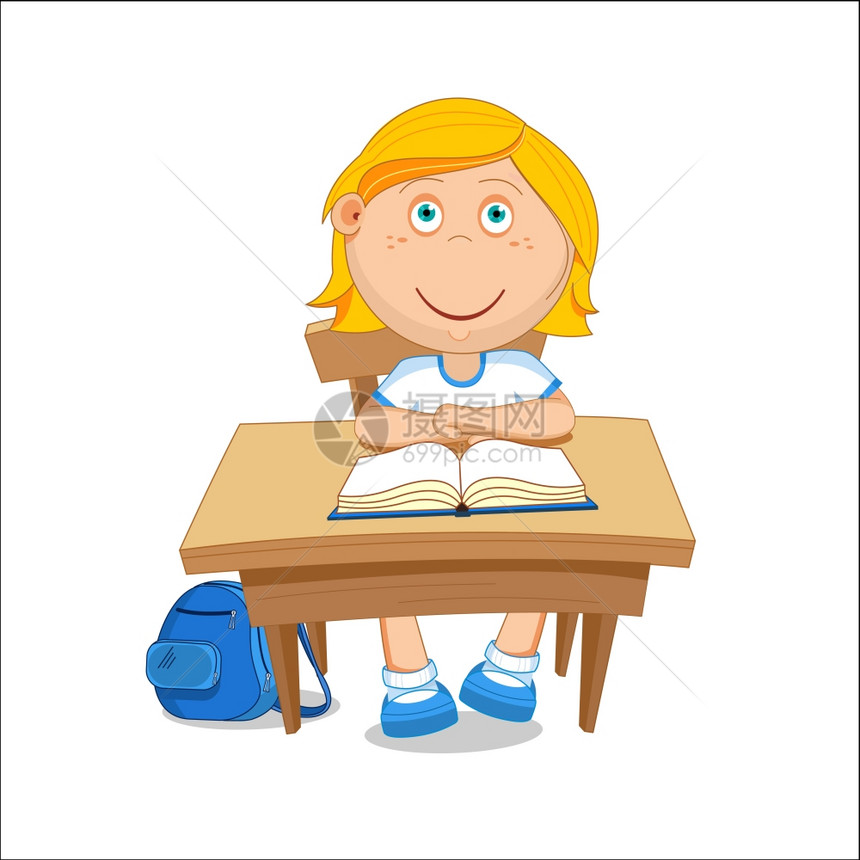 坐桌子旁的女学生矢量插图图片