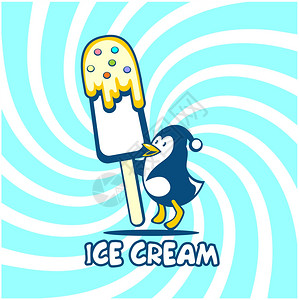 冰淇淋标志企鹅与冰淇淋明亮的背景上的矢量插图图片