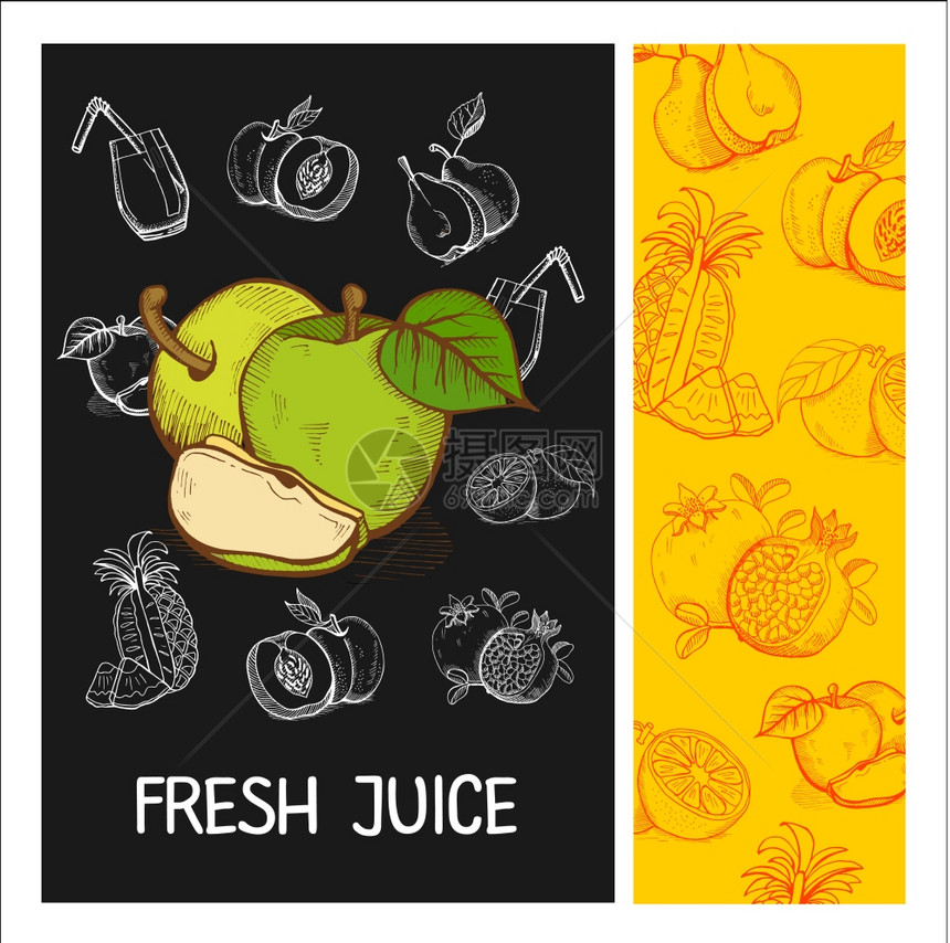 苹果汁水果矢量插图用粉笔黑板上画的水果手绘矢量插图图片