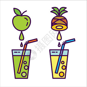 天然纯果汁新鲜的果汁图标,天然果汁水果苹果汁,菠萝汁插画