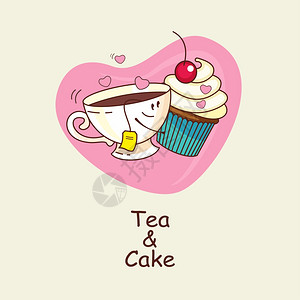 茶蛋糕,永远爱茶蛋糕拥抱的背景上的心漫画,卡通矢量插图图片