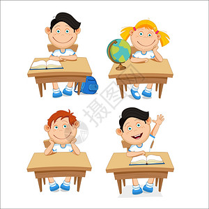 男孩女孩,学童,坐桌子旁白色背景上的矢量插图背景图片