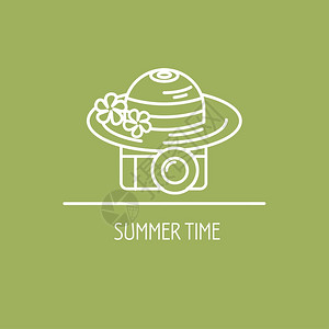 散热器阀盖夏天暑假矢量章相机顶夏天的帽子插画