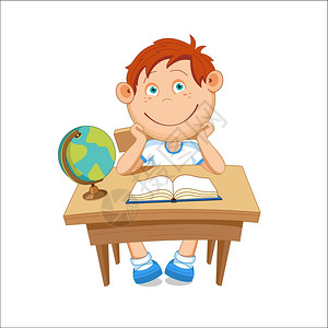 地理教学素材男孩坐桌子旁,桌子上个地球仪,矢量插图插画