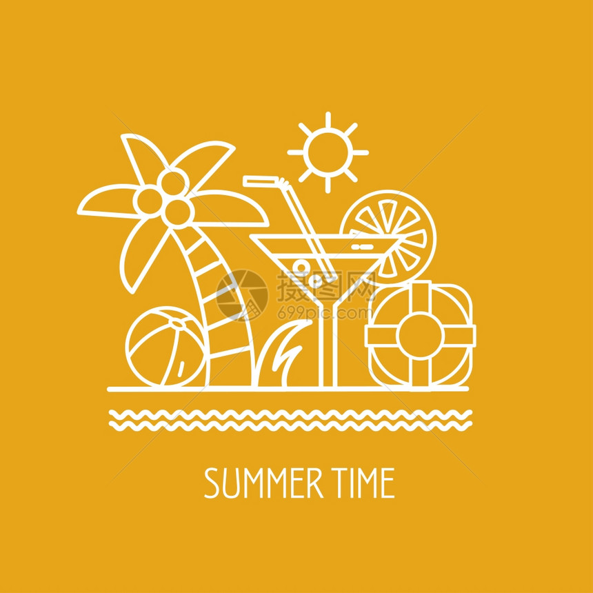 夏天标志矢量夏季休息海上帕尔玛,海,救生圈,贝壳,鸡尾酒,太阳图片